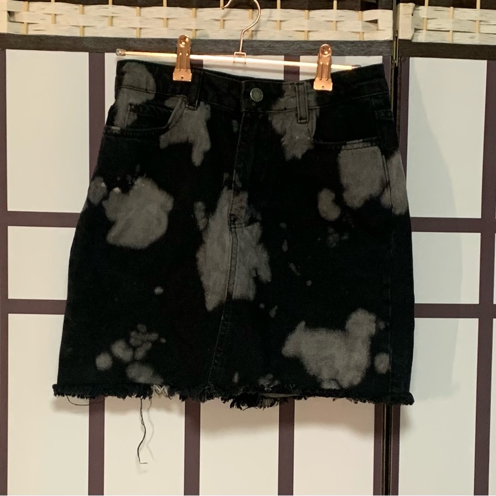 bleached black denim high waisted frayed mini skirt, size medium